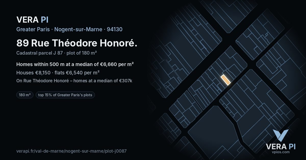 89 Rue Théodore Honoré, Nogent-sur-Marne at night – the plot lit, the parcels around coloured by the prices near them