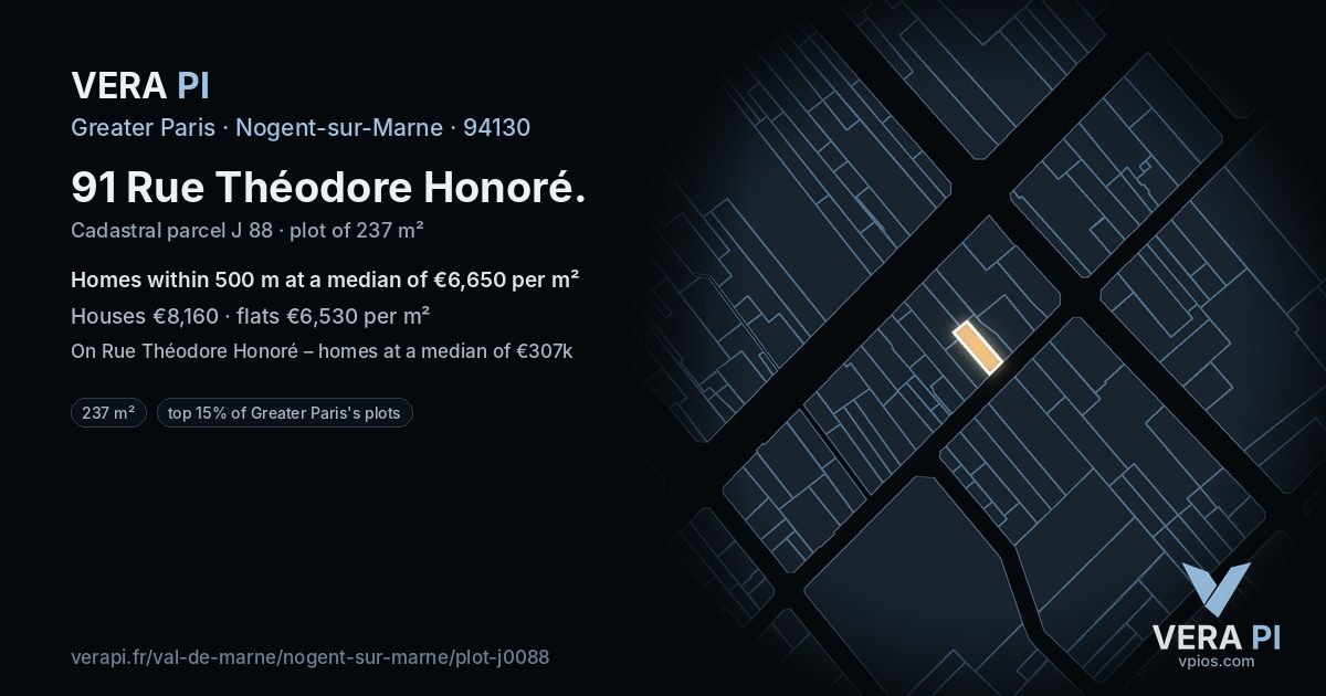 91 Rue Théodore Honoré, Nogent-sur-Marne at night – the plot lit, the parcels around coloured by the prices near them
