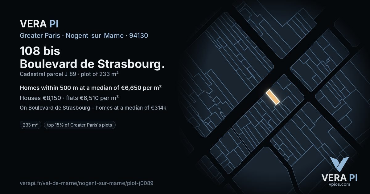 108 bis Boulevard de Strasbourg, Nogent-sur-Marne at night – the plot lit, the parcels around coloured by the prices near them