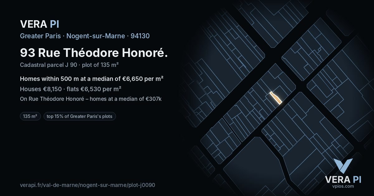 93 Rue Théodore Honoré, Nogent-sur-Marne at night – the plot lit, the parcels around coloured by the prices near them