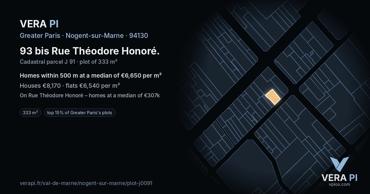 93 bis Rue Théodore Honoré, Nogent-sur-Marne at night – the plot lit, the parcels around coloured by the prices near them