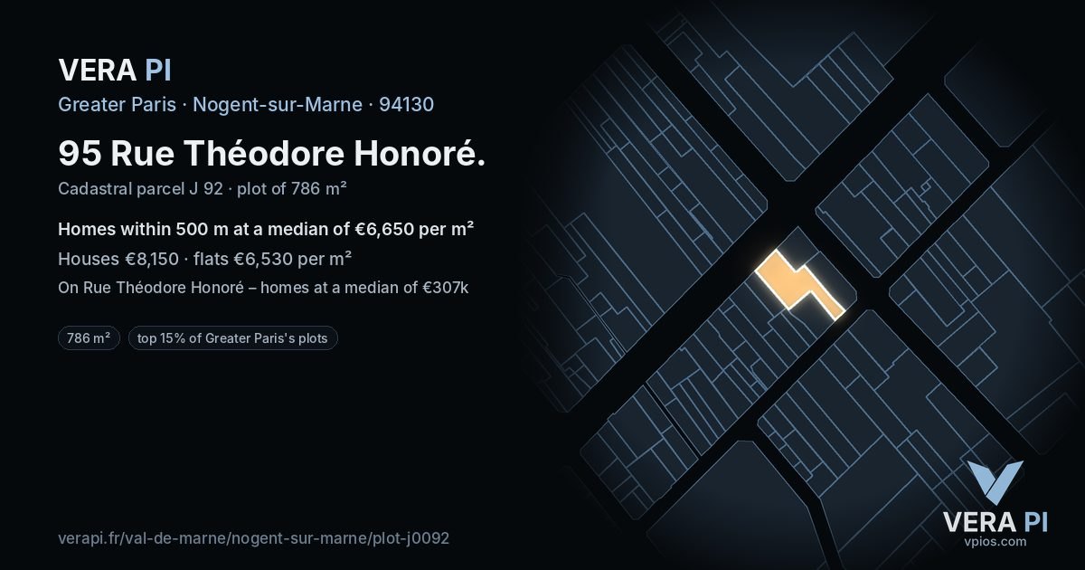 95 Rue Théodore Honoré, Nogent-sur-Marne at night – the plot lit, the parcels around coloured by the prices near them