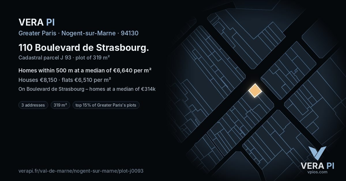 110 Boulevard de Strasbourg, Nogent-sur-Marne at night – the plot lit, the parcels around coloured by the prices near them