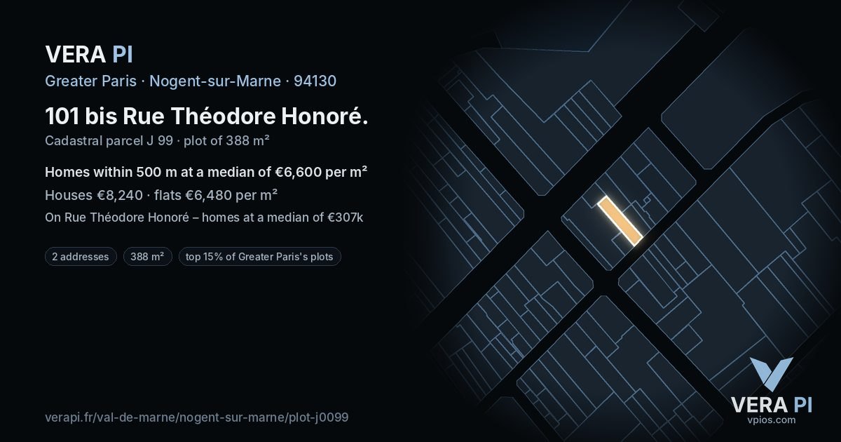 101 bis Rue Théodore Honoré, Nogent-sur-Marne at night – the plot lit, the parcels around coloured by the prices near them