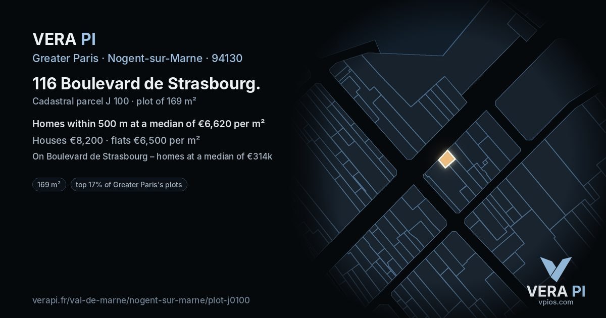 116 Boulevard de Strasbourg, Nogent-sur-Marne at night – the plot lit, the parcels around coloured by the prices near them
