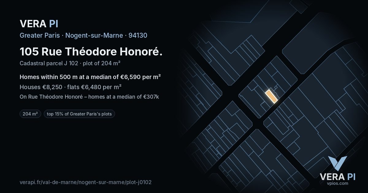 105 Rue Théodore Honoré, Nogent-sur-Marne at night – the plot lit, the parcels around coloured by the prices near them