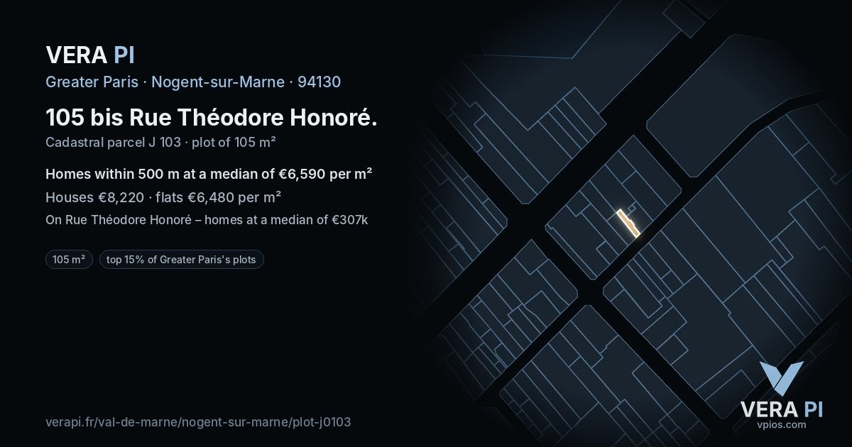 105 bis Rue Théodore Honoré, Nogent-sur-Marne at night – the plot lit, the parcels around coloured by the prices near them