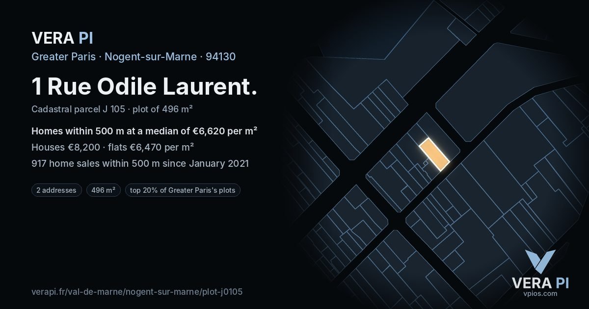 1 Rue Odile Laurent, Nogent-sur-Marne at night – the plot lit, the parcels around coloured by the prices near them