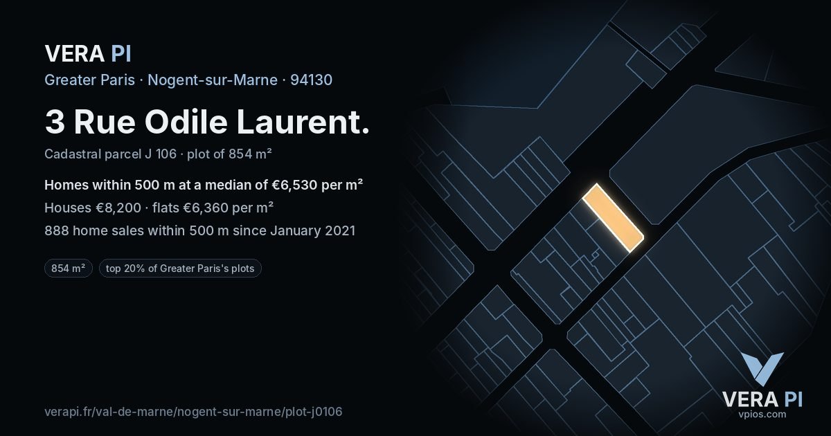 3 Rue Odile Laurent, Nogent-sur-Marne at night – the plot lit, the parcels around coloured by the prices near them