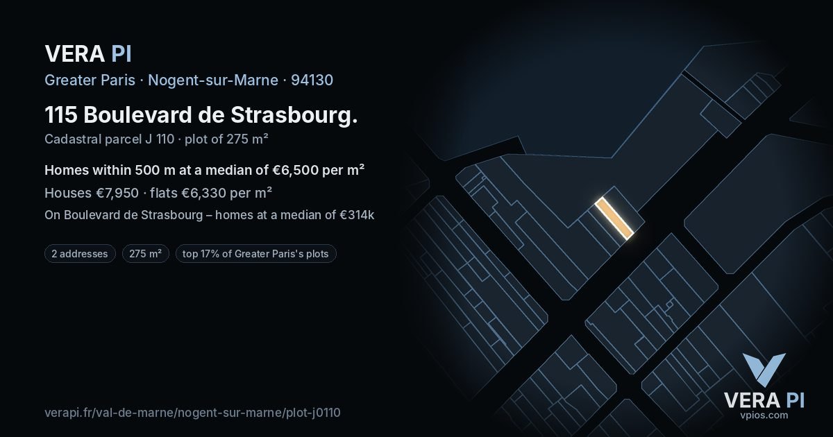 115 Boulevard de Strasbourg, Nogent-sur-Marne at night – the plot lit, the parcels around coloured by the prices near them