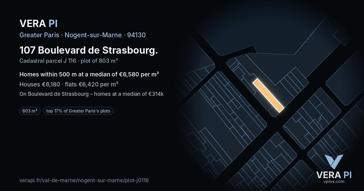 107 Boulevard de Strasbourg, Nogent-sur-Marne at night – the plot lit, the parcels around coloured by the prices near them