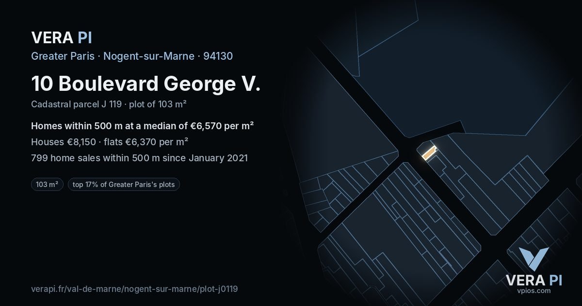 10 Boulevard George V, Nogent-sur-Marne at night – the plot lit, the parcels around coloured by the prices near them