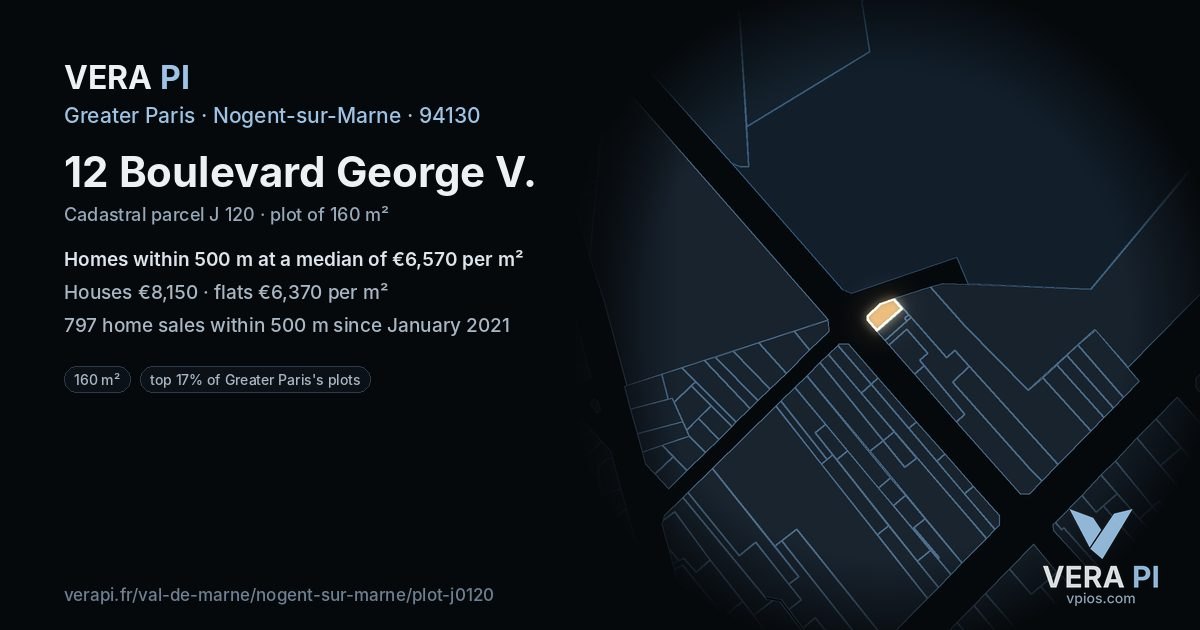12 Boulevard George V, Nogent-sur-Marne at night – the plot lit, the parcels around coloured by the prices near them