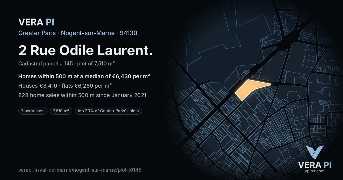 2 Rue Odile Laurent, Nogent-sur-Marne at night – the plot lit, the parcels around coloured by the prices near them