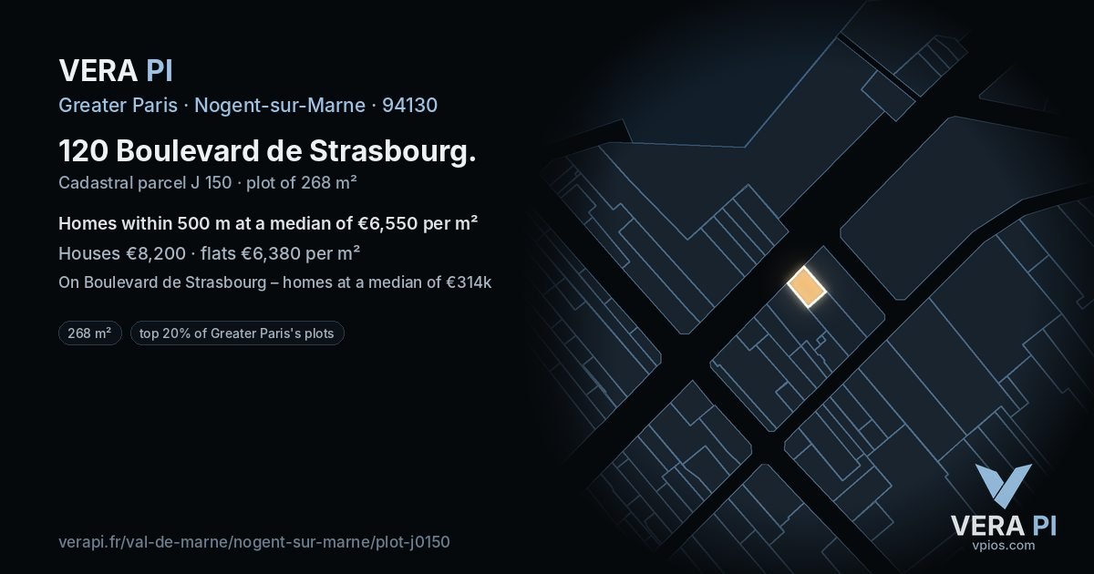 120 Boulevard de Strasbourg, Nogent-sur-Marne at night – the plot lit, the parcels around coloured by the prices near them
