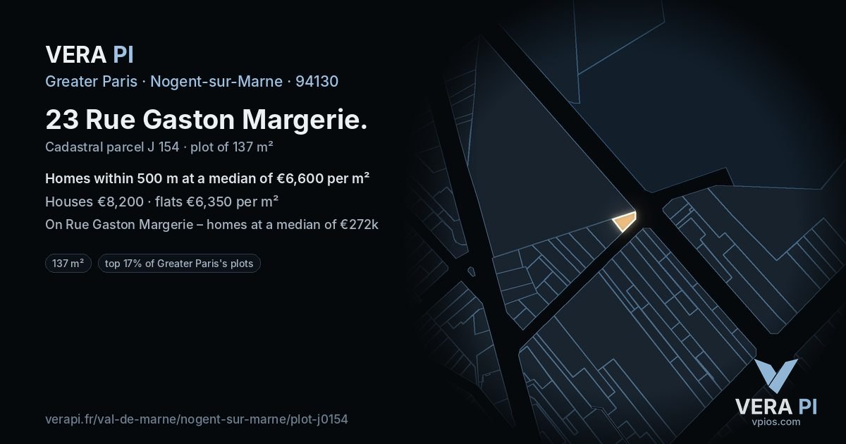 23 Rue Gaston Margerie, Nogent-sur-Marne at night – the plot lit, the parcels around coloured by the prices near them