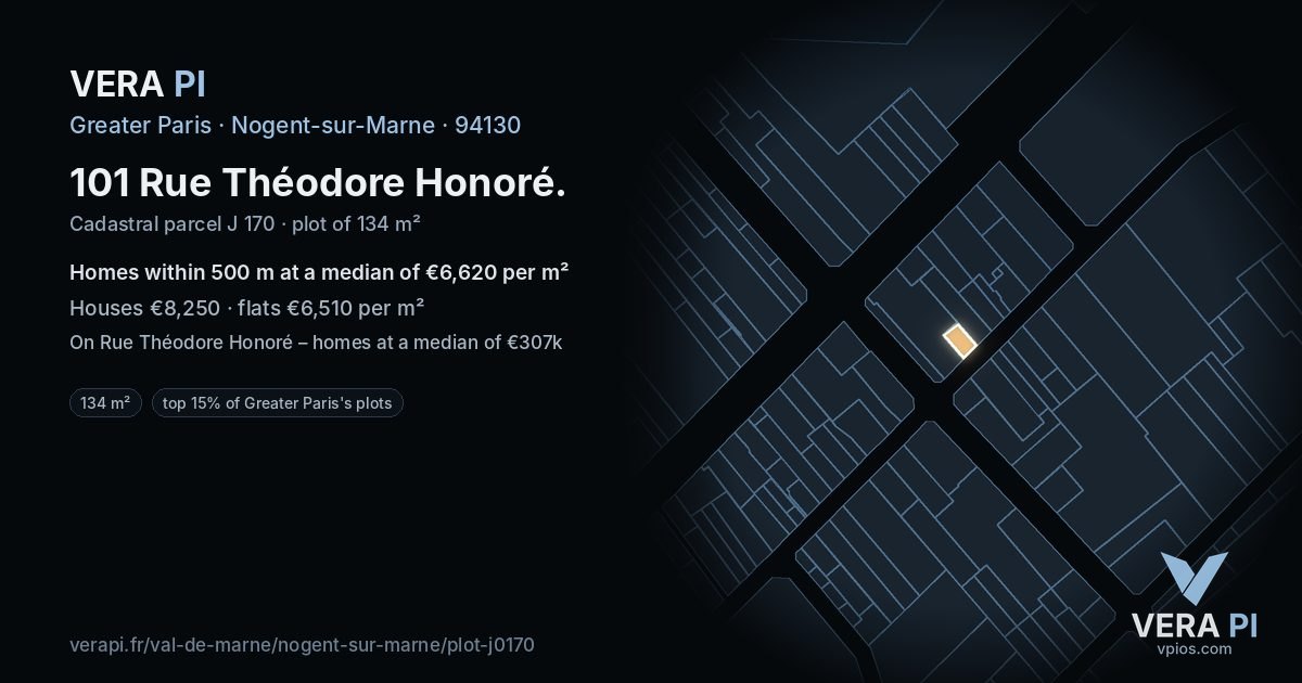 101 Rue Théodore Honoré, Nogent-sur-Marne at night – the plot lit, the parcels around coloured by the prices near them