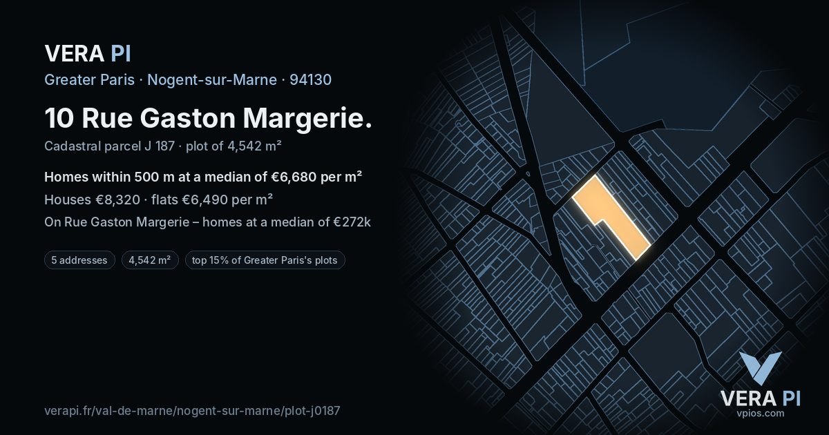 10 Rue Gaston Margerie, Nogent-sur-Marne at night – the plot lit, the parcels around coloured by the prices near them