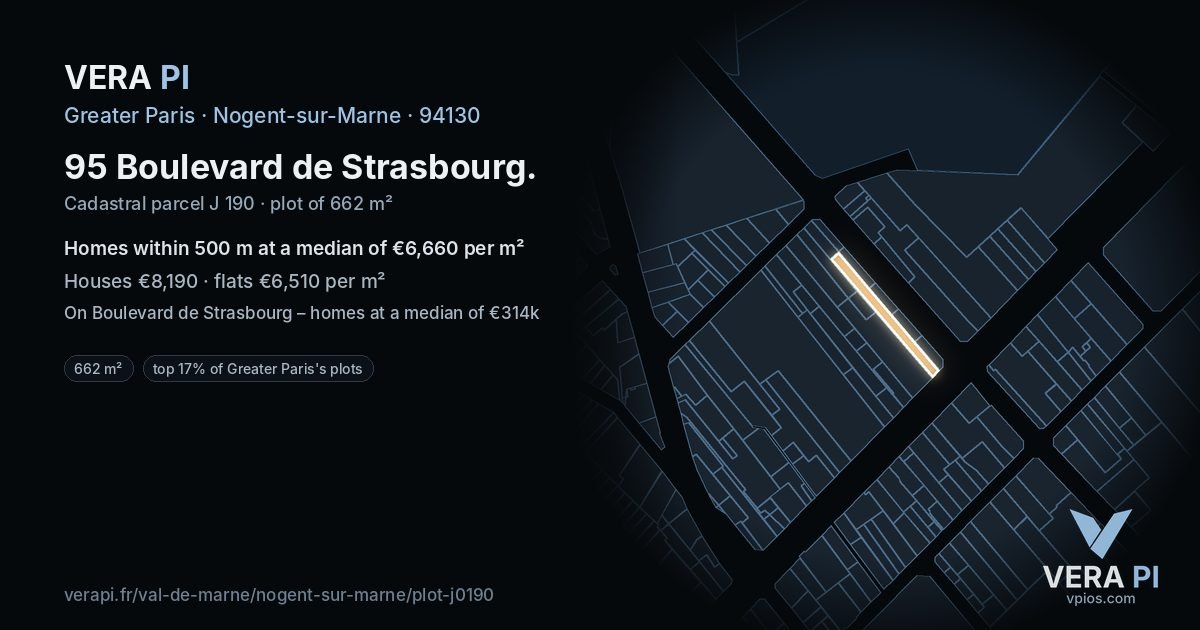 95 Boulevard de Strasbourg, Nogent-sur-Marne at night – the plot lit, the parcels around coloured by the prices near them