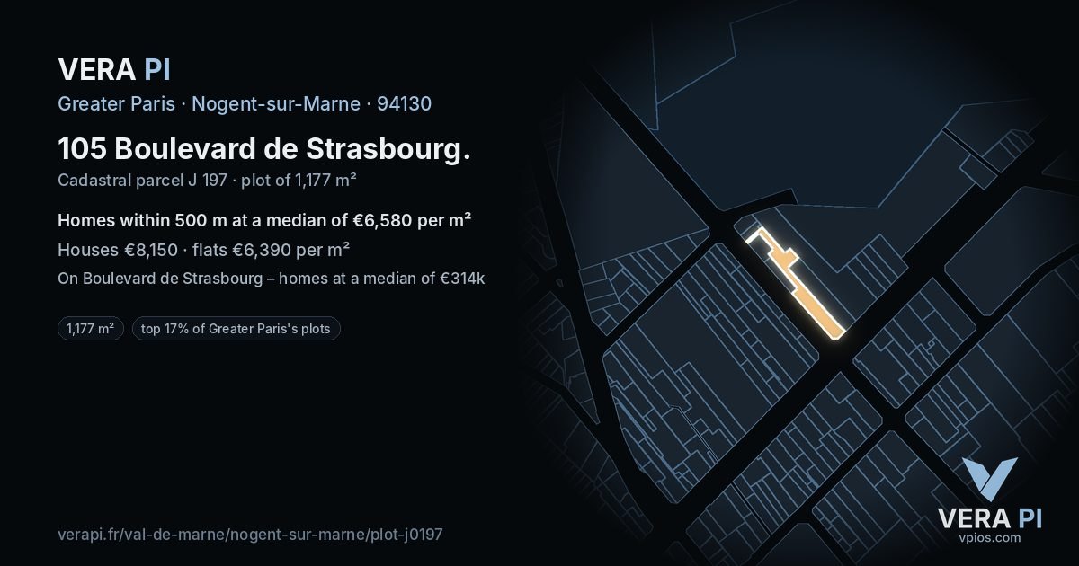 105 Boulevard de Strasbourg, Nogent-sur-Marne at night – the plot lit, the parcels around coloured by the prices near them