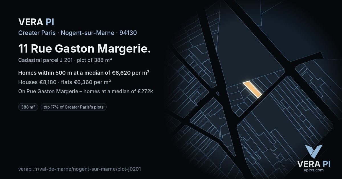 11 Rue Gaston Margerie, Nogent-sur-Marne at night – the plot lit, the parcels around coloured by the prices near them