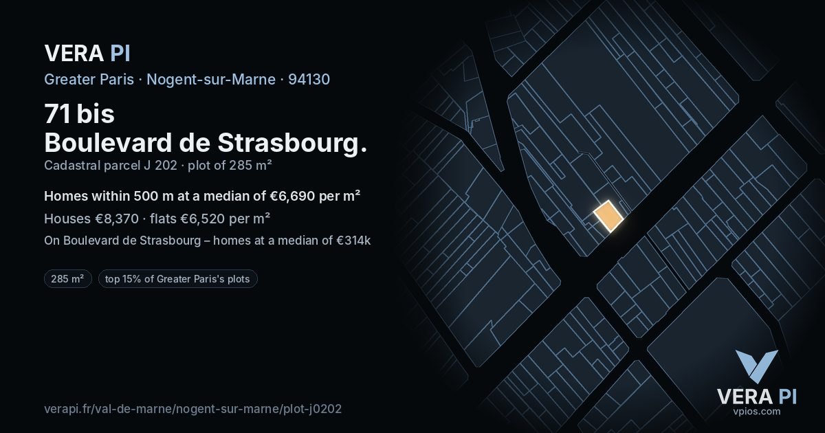 71 bis Boulevard de Strasbourg, Nogent-sur-Marne at night – the plot lit, the parcels around coloured by the prices near them