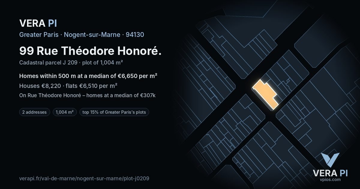 99 Rue Théodore Honoré, Nogent-sur-Marne at night – the plot lit, the parcels around coloured by the prices near them