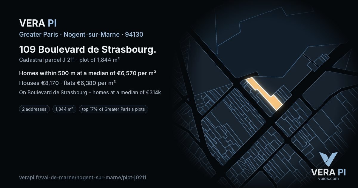 109 Boulevard de Strasbourg, Nogent-sur-Marne at night – the plot lit, the parcels around coloured by the prices near them