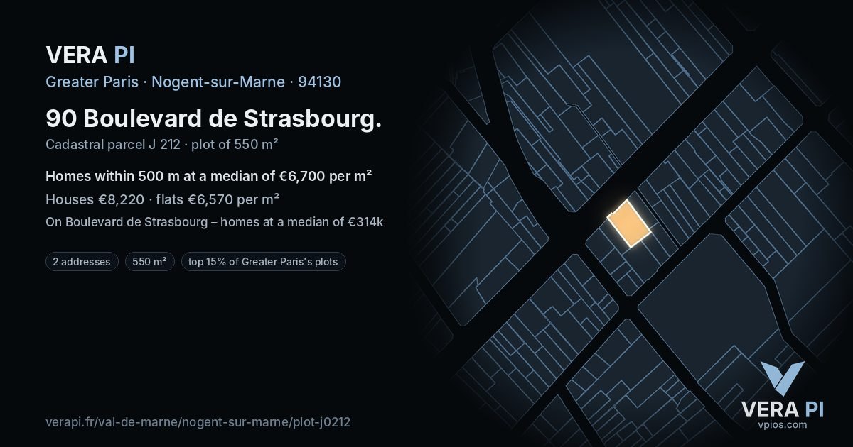 90 Boulevard de Strasbourg, Nogent-sur-Marne at night – the plot lit, the parcels around coloured by the prices near them