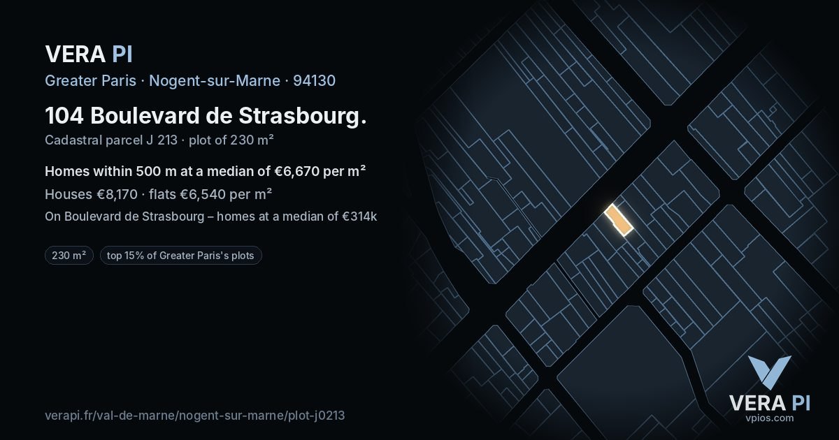 104 Boulevard de Strasbourg, Nogent-sur-Marne at night – the plot lit, the parcels around coloured by the prices near them