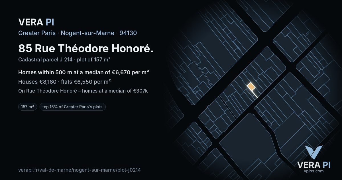 85 Rue Théodore Honoré, Nogent-sur-Marne at night – the plot lit, the parcels around coloured by the prices near them