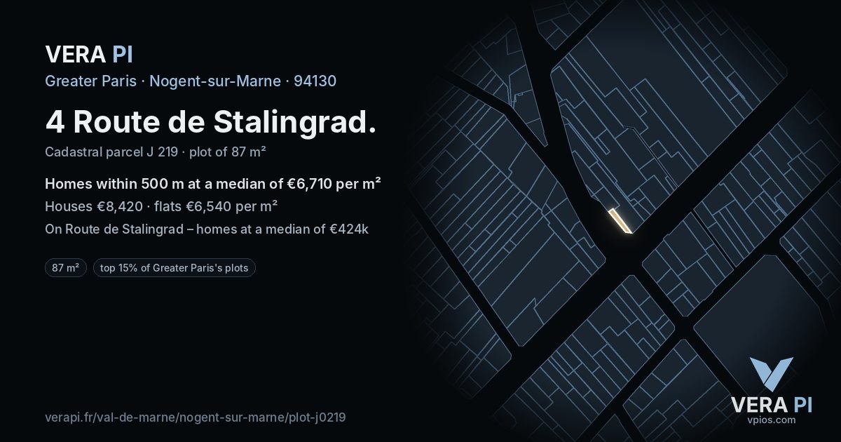 4 Route de Stalingrad, Nogent-sur-Marne at night – the plot lit, the parcels around coloured by the prices near them