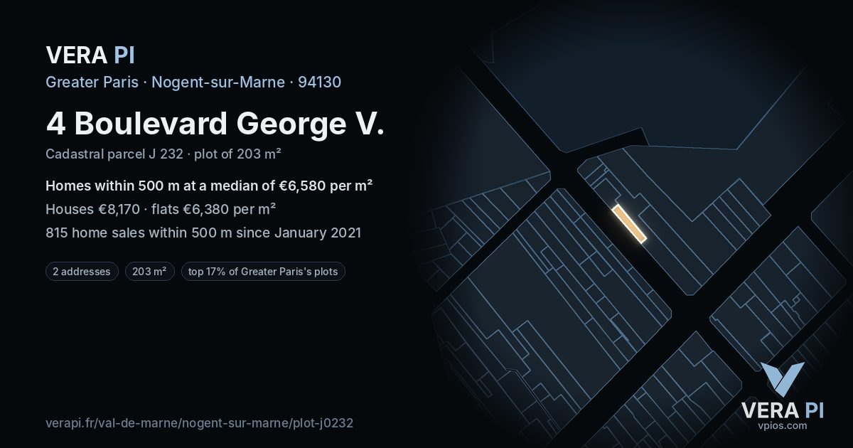 4 Boulevard George V, Nogent-sur-Marne at night – the plot lit, the parcels around coloured by the prices near them