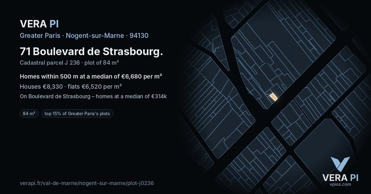 71 Boulevard de Strasbourg, Nogent-sur-Marne at night – the plot lit, the parcels around coloured by the prices near them
