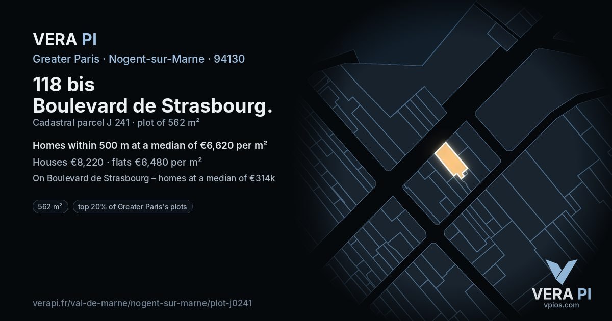 118 bis Boulevard de Strasbourg, Nogent-sur-Marne at night – the plot lit, the parcels around coloured by the prices near them