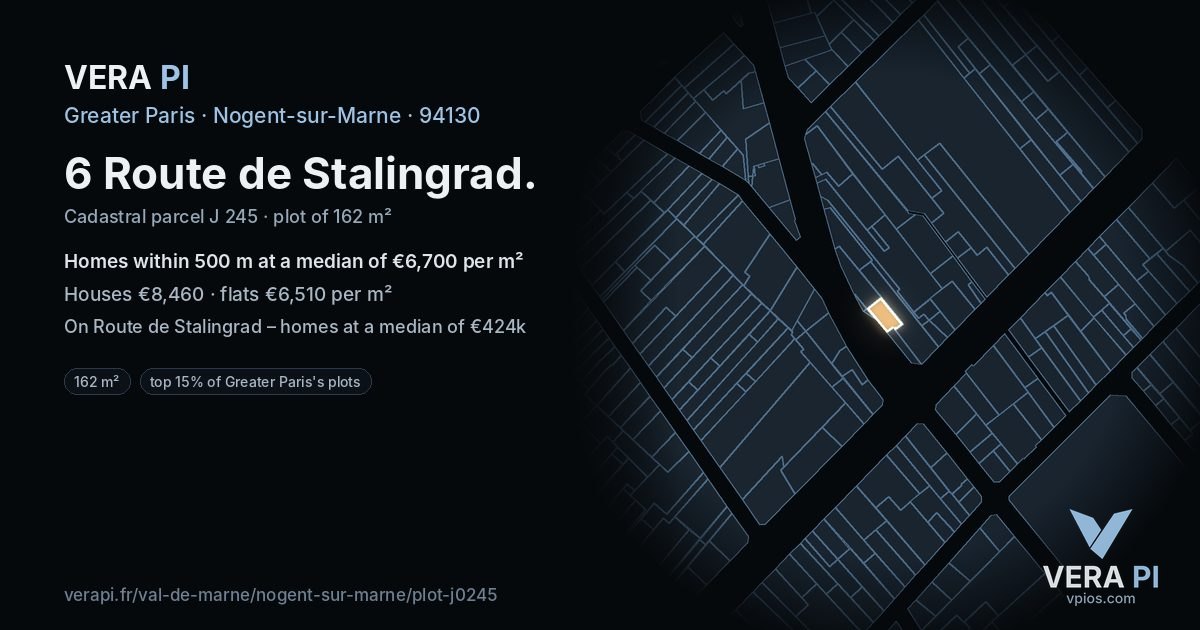 6 Route de Stalingrad, Nogent-sur-Marne at night – the plot lit, the parcels around coloured by the prices near them