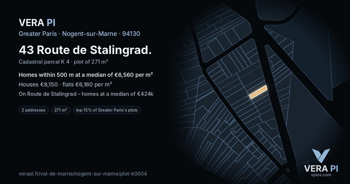 43 Route de Stalingrad, Nogent-sur-Marne at night – the plot lit, the parcels around coloured by the prices near them