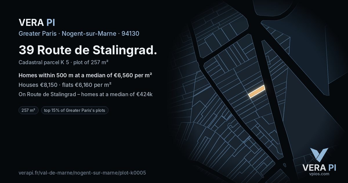 39 Route de Stalingrad, Nogent-sur-Marne at night – the plot lit, the parcels around coloured by the prices near them