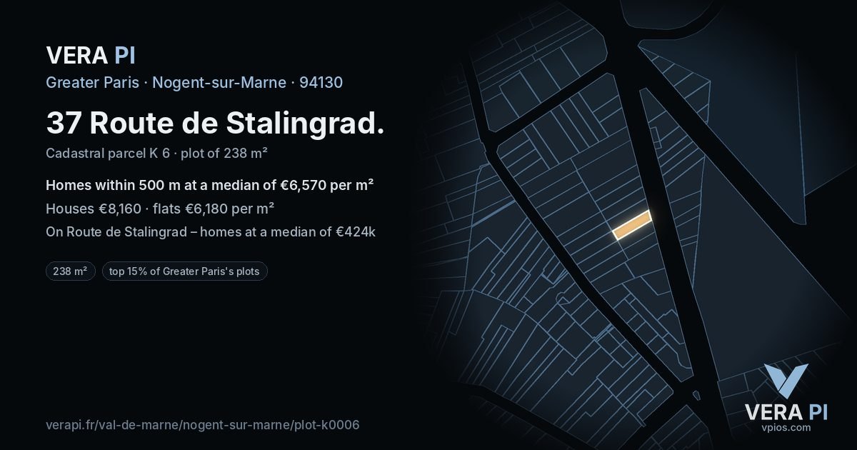 37 Route de Stalingrad, Nogent-sur-Marne at night – the plot lit, the parcels around coloured by the prices near them