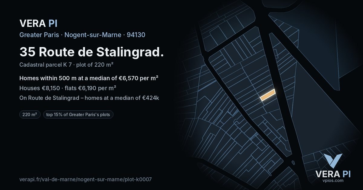 35 Route de Stalingrad, Nogent-sur-Marne at night – the plot lit, the parcels around coloured by the prices near them