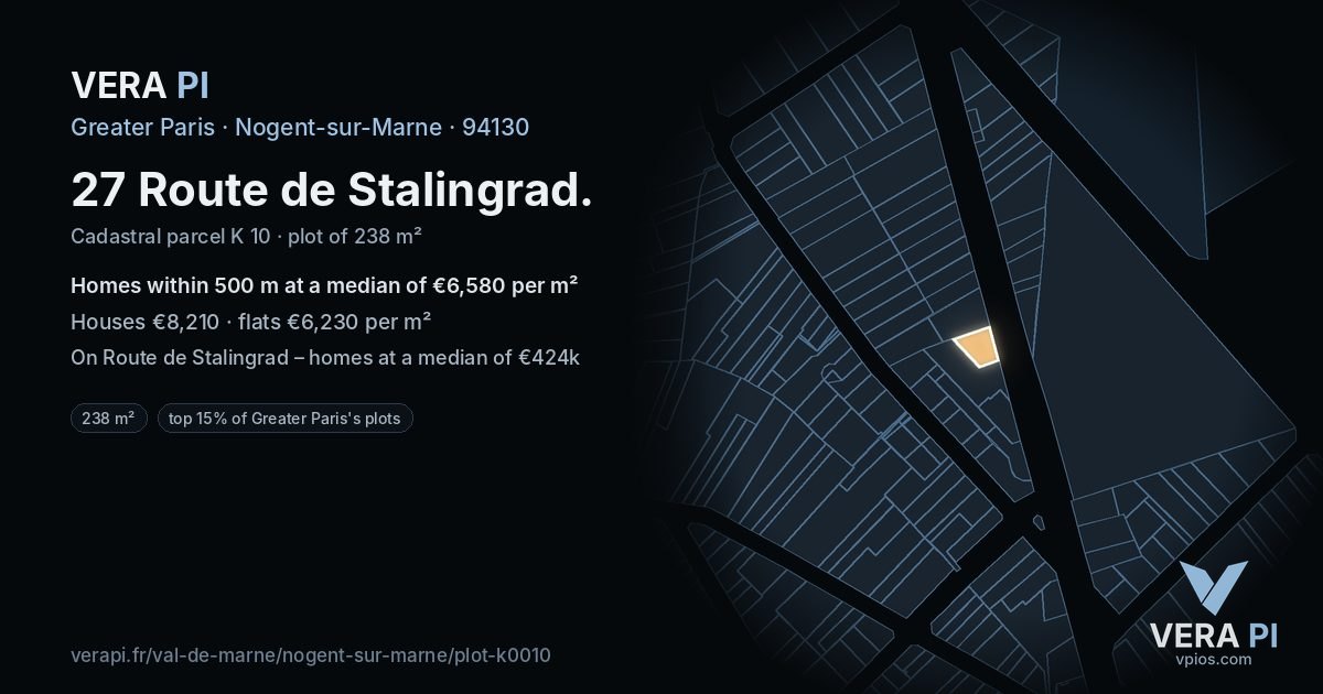 27 Route de Stalingrad, Nogent-sur-Marne at night – the plot lit, the parcels around coloured by the prices near them