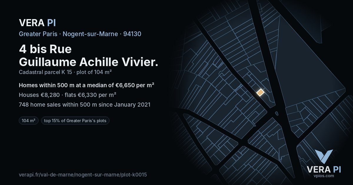 4 bis Rue Guillaume Achille Vivier, Nogent-sur-Marne at night – the plot lit, the parcels around coloured by the prices near them