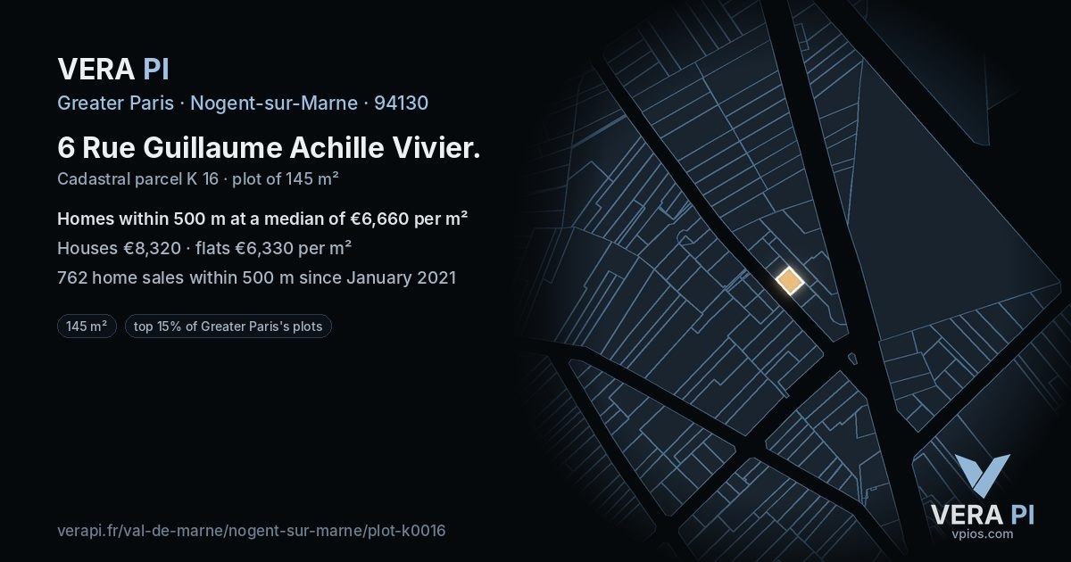 6 Rue Guillaume Achille Vivier, Nogent-sur-Marne at night – the plot lit, the parcels around coloured by the prices near them
