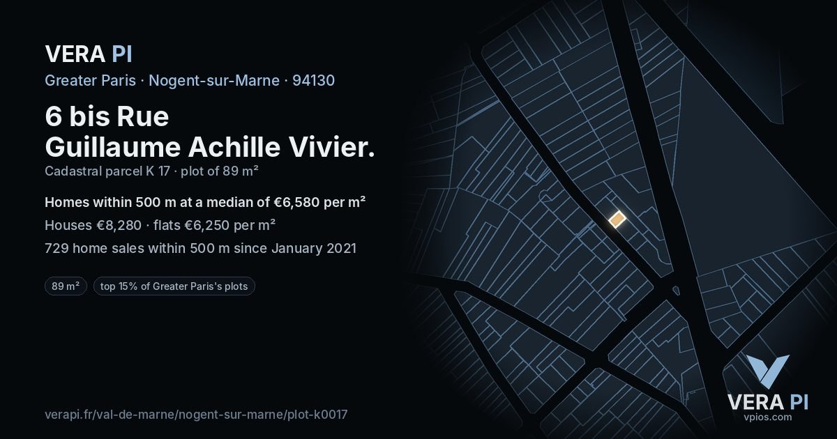 6 bis Rue Guillaume Achille Vivier, Nogent-sur-Marne at night – the plot lit, the parcels around coloured by the prices near them