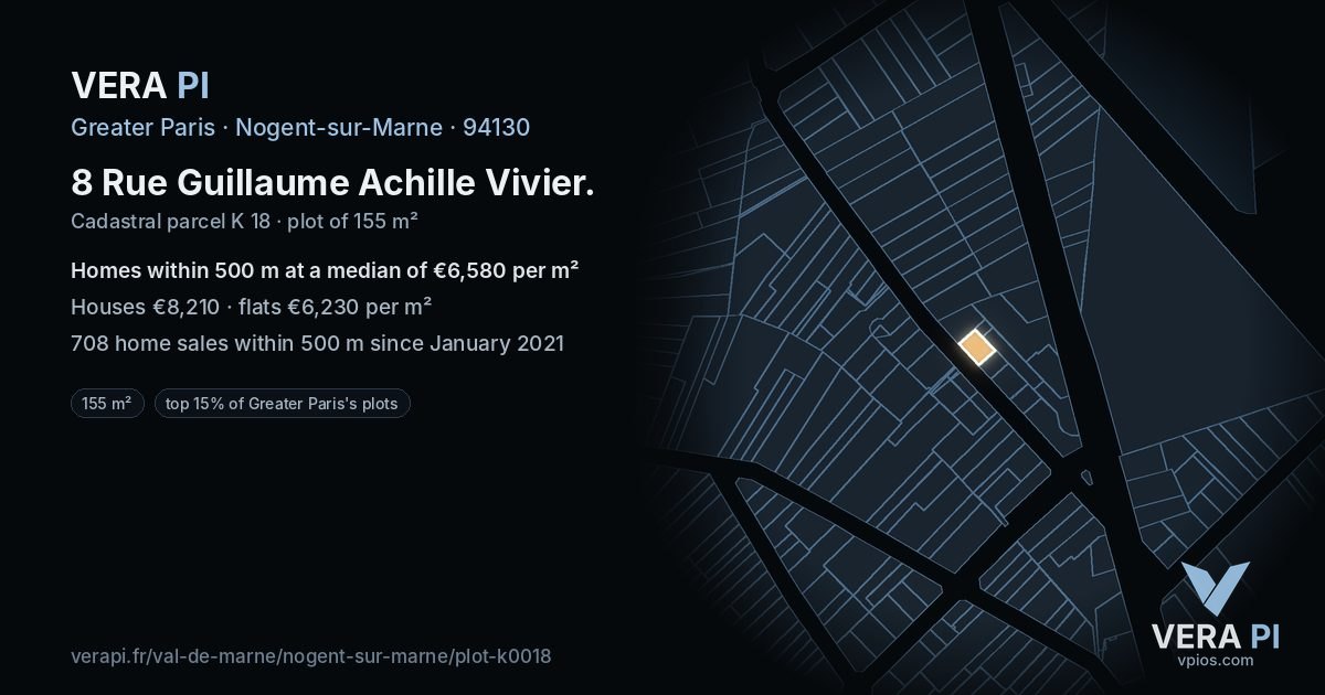 8 Rue Guillaume Achille Vivier, Nogent-sur-Marne at night – the plot lit, the parcels around coloured by the prices near them