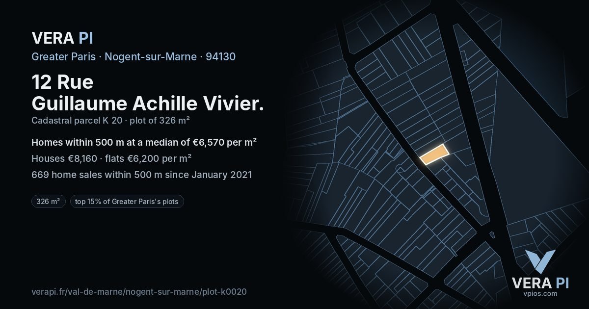 12 Rue Guillaume Achille Vivier, Nogent-sur-Marne at night – the plot lit, the parcels around coloured by the prices near them