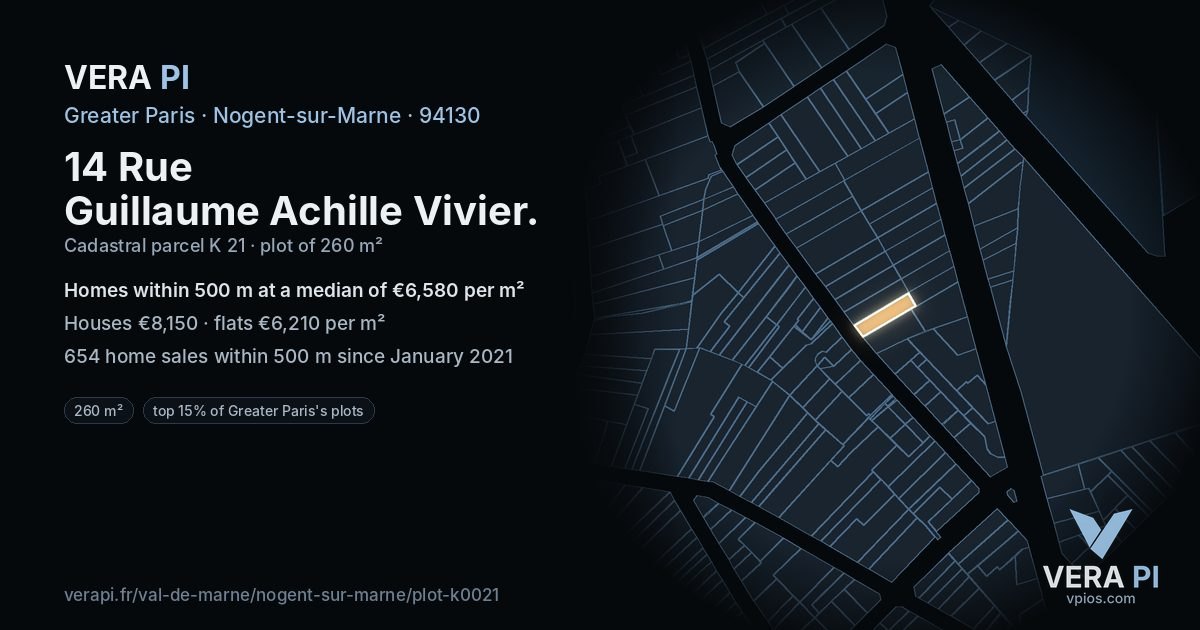 14 Rue Guillaume Achille Vivier, Nogent-sur-Marne at night – the plot lit, the parcels around coloured by the prices near them