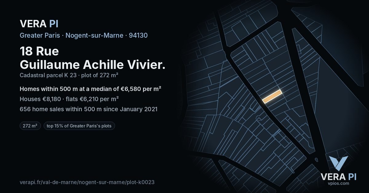 18 Rue Guillaume Achille Vivier, Nogent-sur-Marne at night – the plot lit, the parcels around coloured by the prices near them