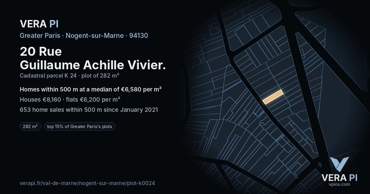 20 Rue Guillaume Achille Vivier, Nogent-sur-Marne at night – the plot lit, the parcels around coloured by the prices near them
