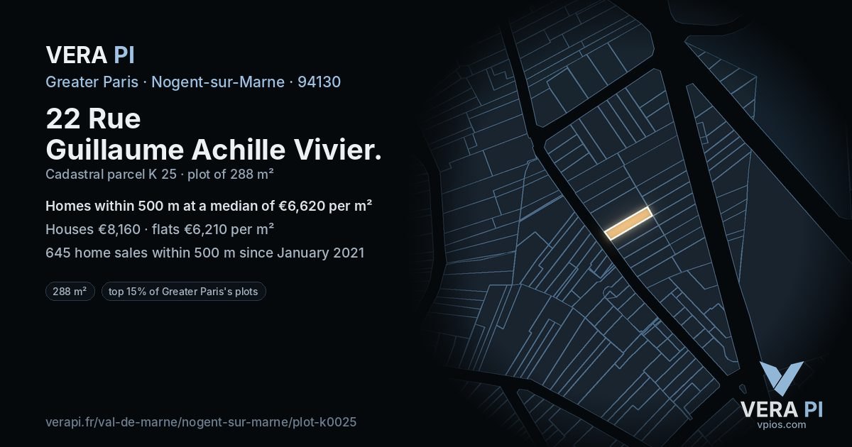 22 Rue Guillaume Achille Vivier, Nogent-sur-Marne at night – the plot lit, the parcels around coloured by the prices near them